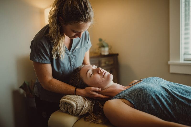Chiropractor assessing patient's neck for adjustment.