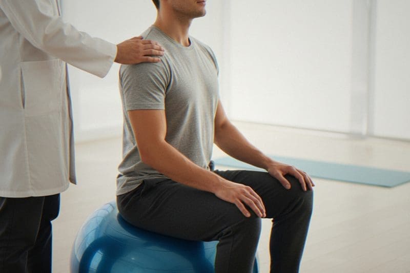 Guiding a patient on how to perform a therapeutic exercise.