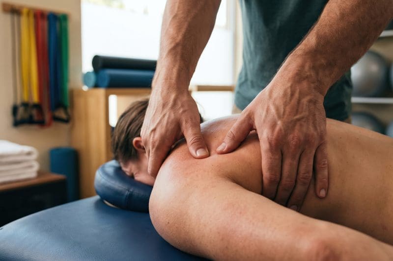 Performing myofascial release on a young woman's shoulder.